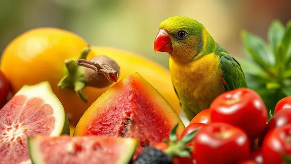 Agapornis verde e vermelho pousado ao lado de fatias de frutas frescas sobre superfície de madeira natural