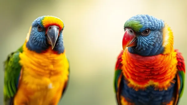 Dois agapornis lado a lado — um Fischer com máscara negra e um roseicollis verde e laranja — em poleiro de madeira