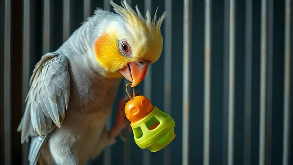 Calopsita manipulando um brinquedo de forrageamento pendurado dentro da gaiola