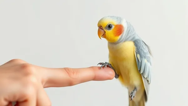 Calopsita cinza com bochechas laranja pousada calmamente no dedo indicador de uma mão humana, demonstrando confiança e domesticação
