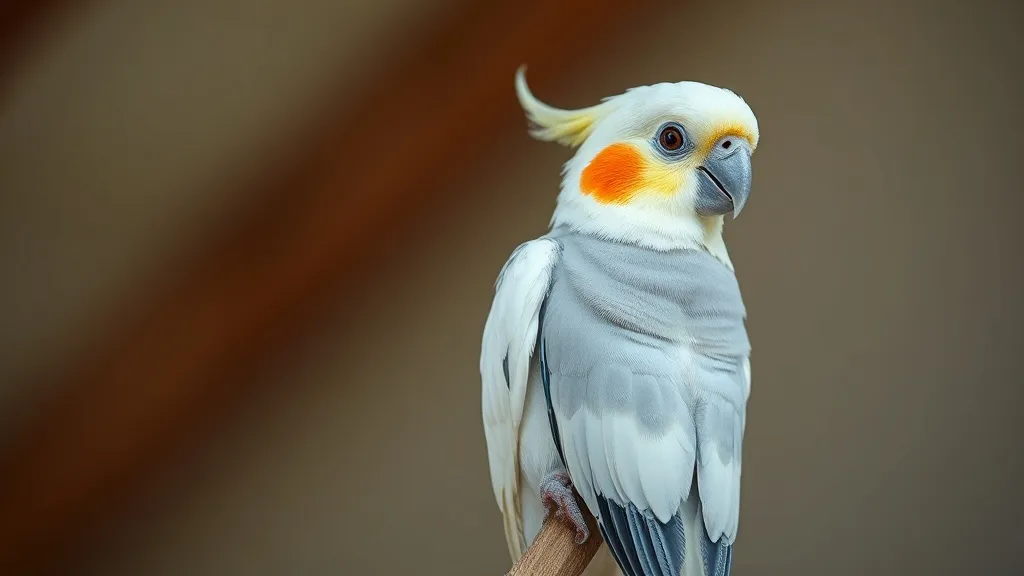 Calopsita cinza adulta com topete ereto pousada em poleiro de madeira, olhar vivo e plumagem bem cuidada