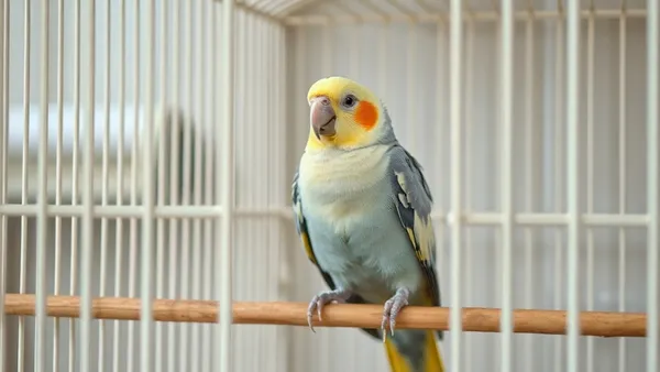 Calopsita cinza com topete amarelo pousada em poleiro dentro de gaiola ampla