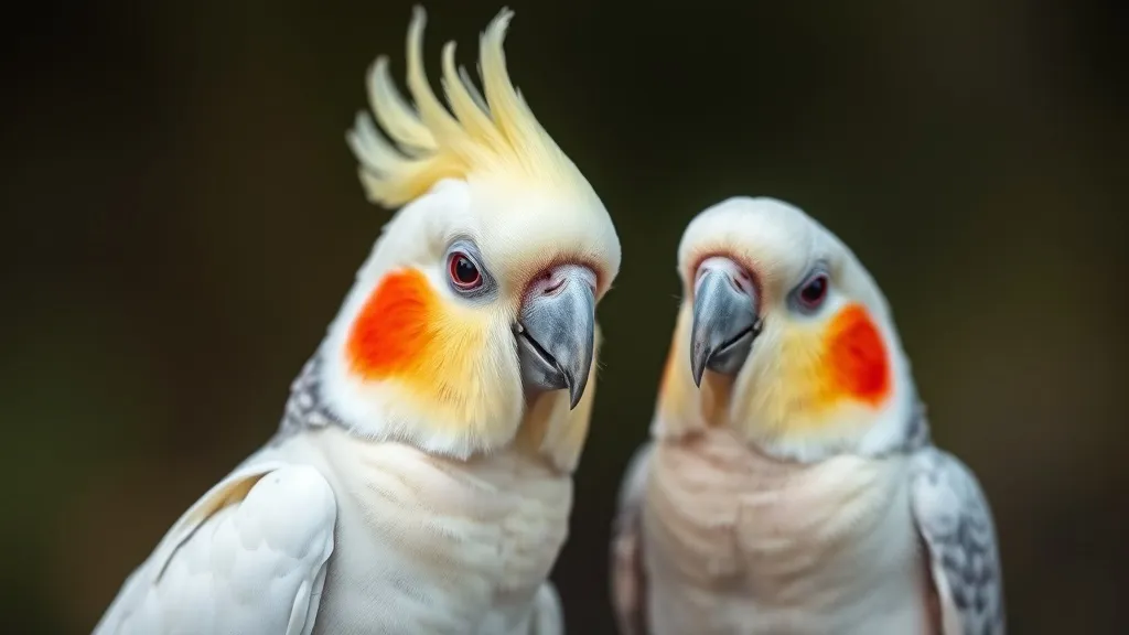 Casal de calopsitas pousado lado a lado em poleiro, mostrando diferença de coloração nas bochechas