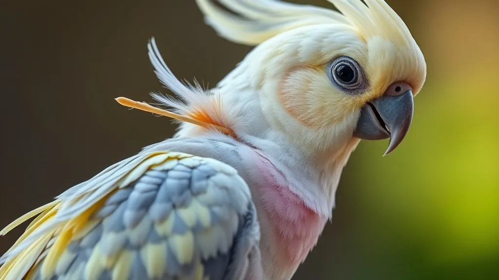 Calopsita se limpando com pequenos canhões de penas novas visíveis na cabeça