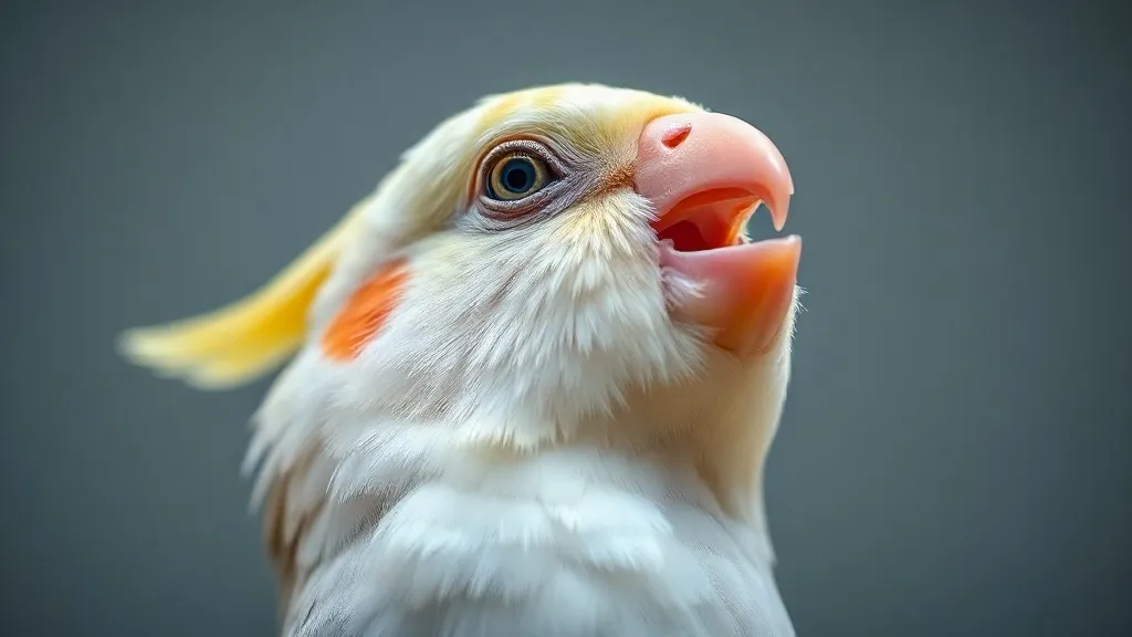 Calopsita empoleirada com o bico entreaberto, em pose de vocalização