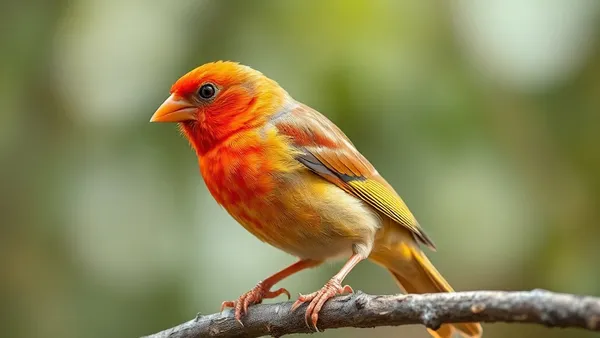 Canário de cor vermelha empoleirado dentro da gaiola