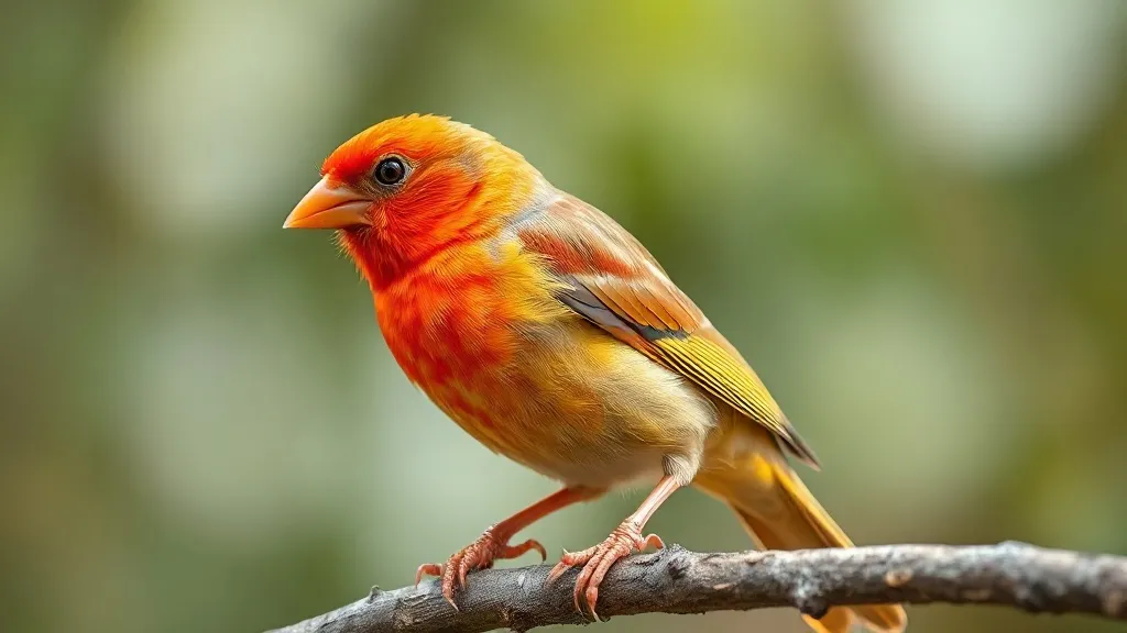 Canário de cor vermelha empoleirado dentro da gaiola