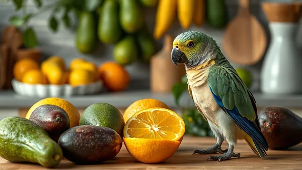 Frutas frescas variadas sobre bancada de cozinha com abacate cortado ao meio em primeiro plano