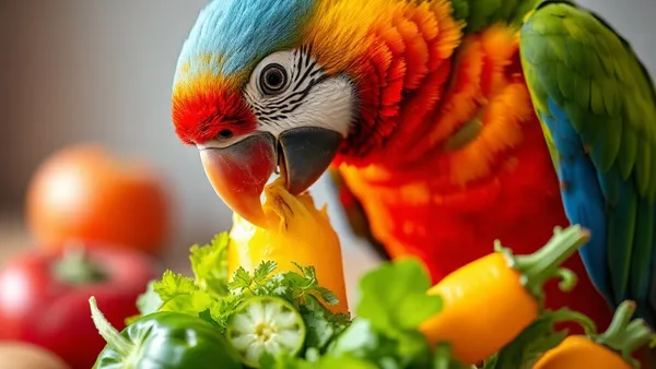 Papagaio verde pousado em poleiro comendo pedaço de fruta fresca com as garras