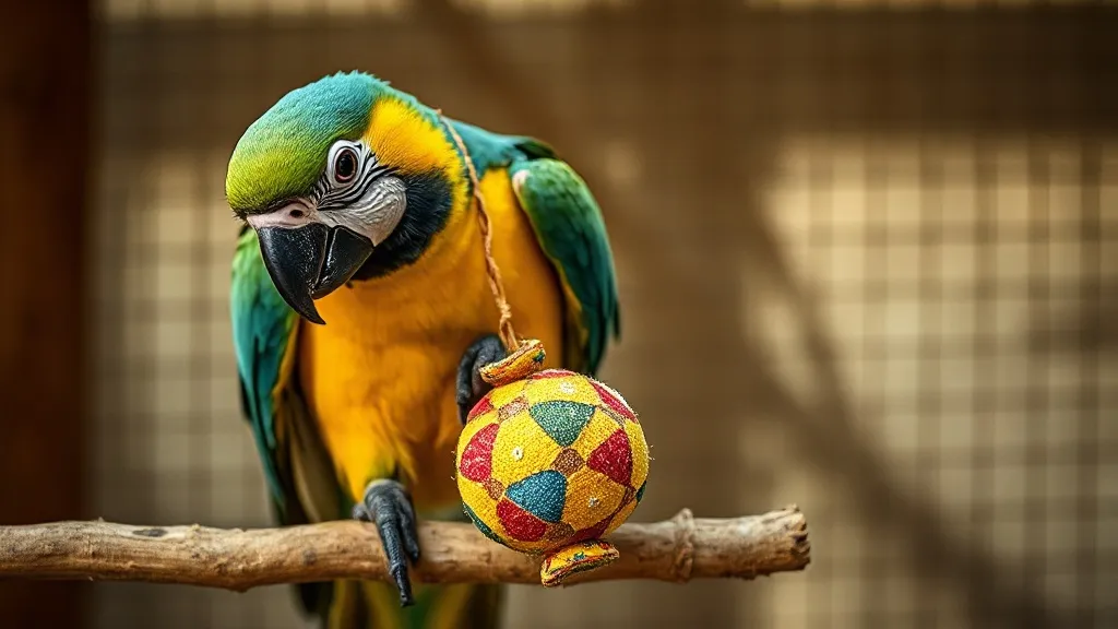 Papagaio colorido interagindo com brinquedo de madeira e corda em poleiro enriquecido