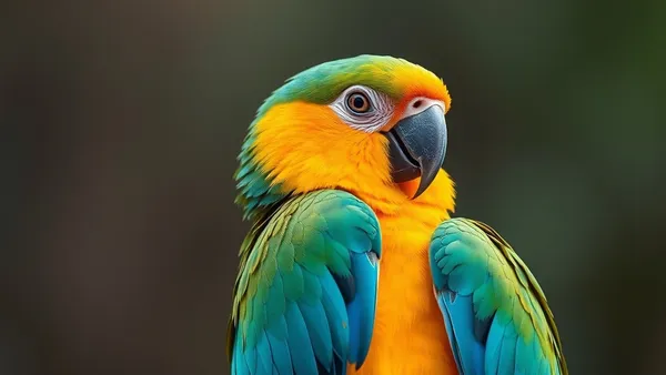 Papagaio verde empoleirado em poleiro de madeira, olhando para o lado