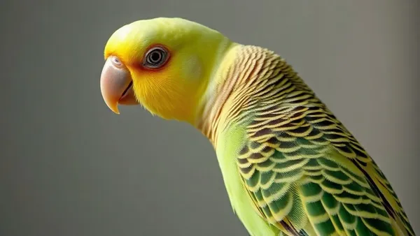 Periquito australiano verde com listras pretas no dorso pousado em poleiro de madeira natural