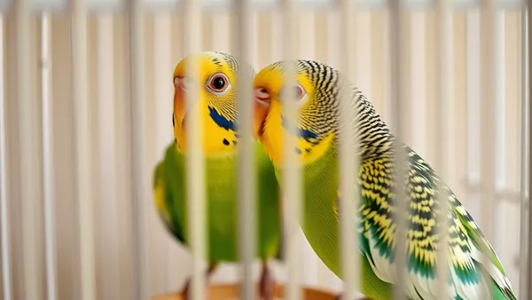 Periquito australiano azul e amarelo em gaiola espaçosa com poleiros variados e brinquedos