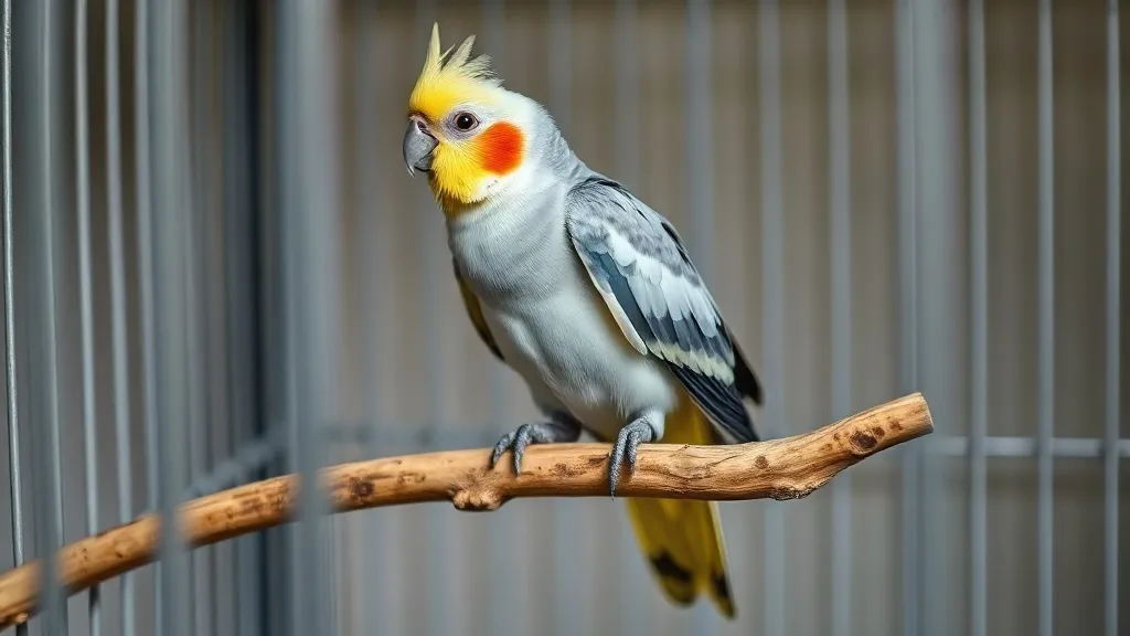 Calopsita cinza com topete amarelo pousada em poleiro de galho natural de madeira dentro de gaiola