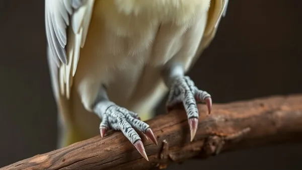 Pés e unhas de calopsita em close, agarrados a um poleiro, mostrando o comprimento e a curvatura natural das garras de psitacídeo
