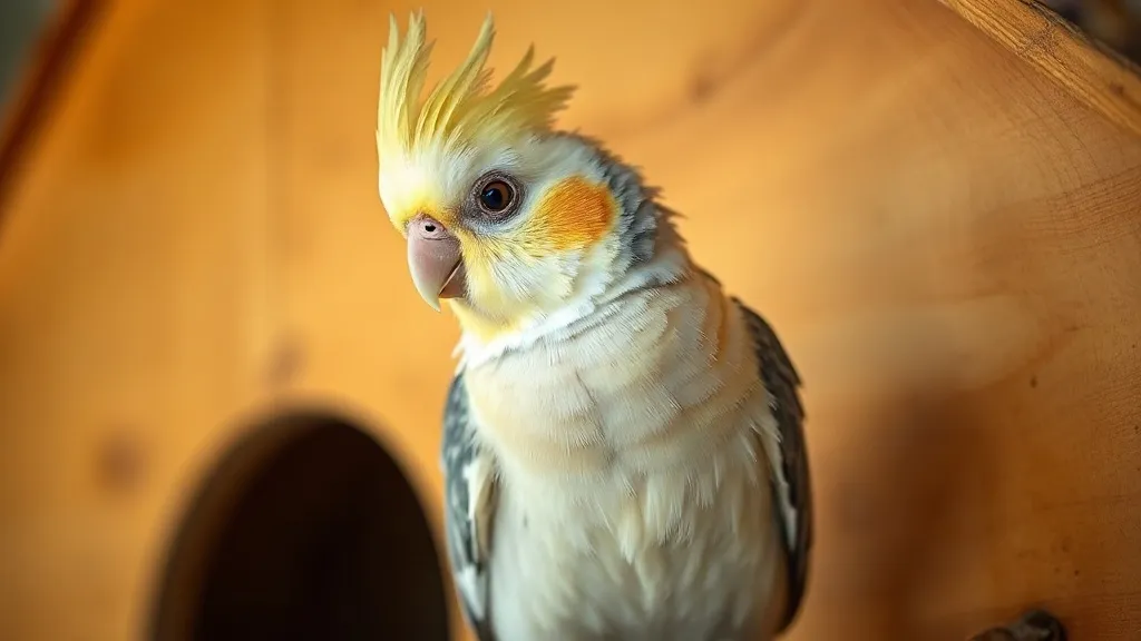 Calopsita cinza com topete amarelo e bochechas laranja pousada em poleiro de madeira dentro de gaiola doméstica