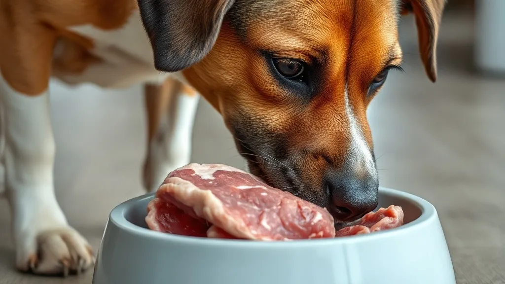 Cão de porte médio diante de tigela com porção de carne fresca e legumes