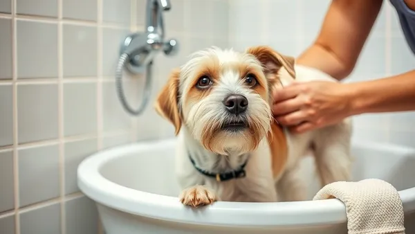 Cachorro sendo banhado em casa com água morna e shampoo, tutor enxaguando o pelo com cuidado