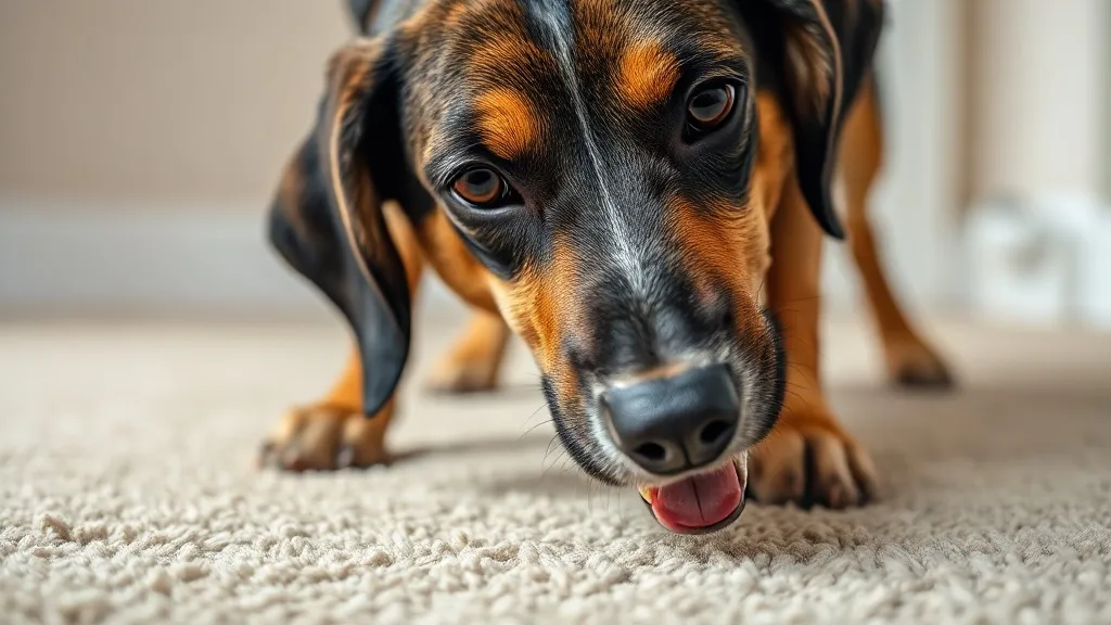 Cachorro com o focinho próximo ao tapete, em postura baixa dentro de casa