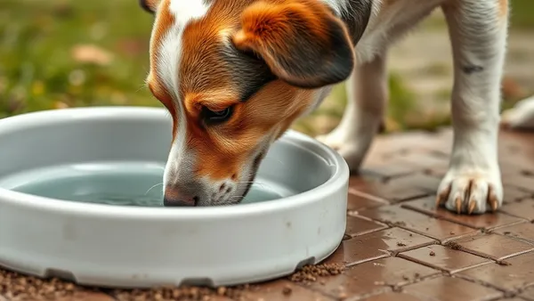 Cão de porte médio bebendo água em tigela no chão de casa, focinho mergulhado no recipiente