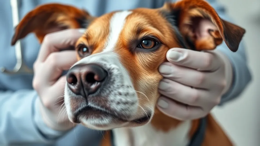 Cachorro de porte médio coçando a orelha com a pata traseira, focado em veterinário examinando