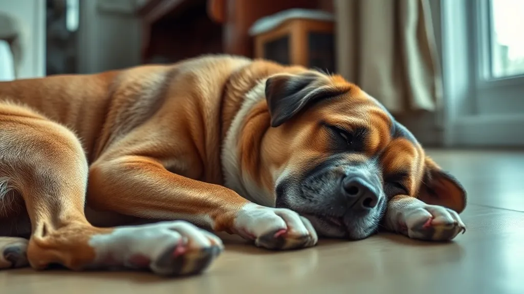 Cão deitado no chão de casa com expressão abatida, sem disposição