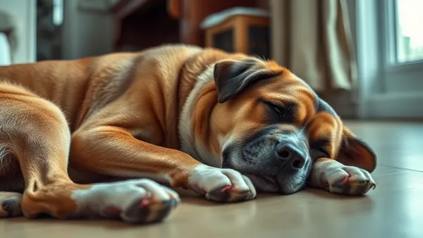 Cão deitado no chão de casa com expressão abatida, sem disposição