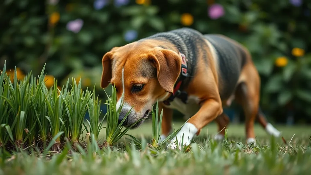 Cão de porte médio mastigando grama em jardim, cabeça baixa