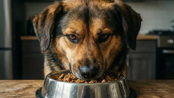Cachorro comendo rápido de um comedouro lento anti-engasgo