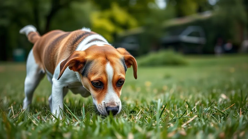 Cachorro cheirando o chão em um parque gramado, focinho baixo, durante um passeio