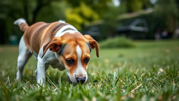 Cachorro cheirando o chão em um parque gramado, focinho baixo, durante um passeio
