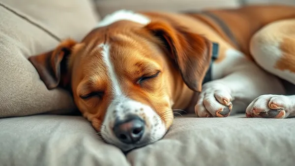 Cachorro de porte médio dormindo esticado no chão de casa, relaxado e de lado