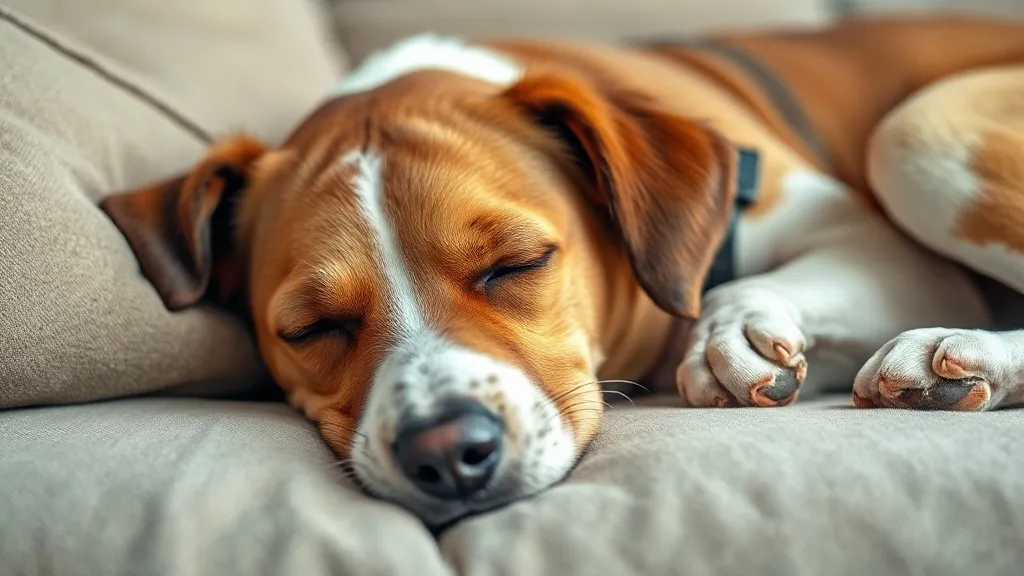 Cachorro de porte médio dormindo esticado no chão de casa, relaxado e de lado