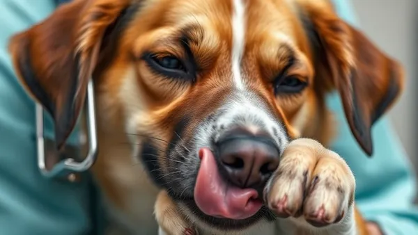 Cachorro lambendo intensamente a pata dianteira, com foco no pelo avermelhado entre os dedos