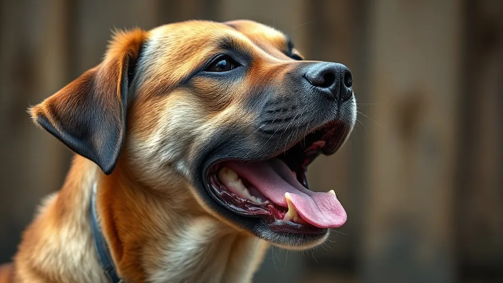 Cachorro de porte médio latindo com a boca bem aberta, orelhas eretas e postura alerta