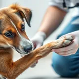Veterinária examinando a pata dianteira de um cachorro que está mancando