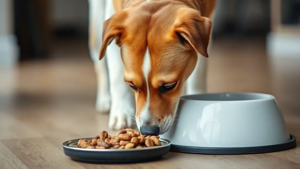 Cachorro de porte médio olhando para a tigela de ração cheia sem comer, focinho baixo e postura relaxada
