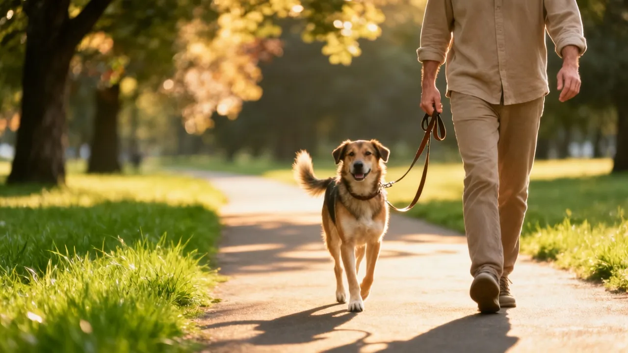 Tutor passeando com o cachorro de guia frouxa no parque