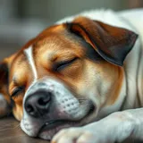 Cachorro de porte médio dormindo profundamente em colchão, com abdômen se movendo visivelmente durante o sono