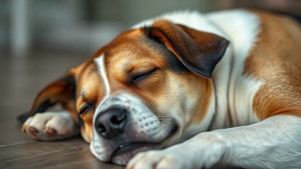 Cachorro de porte médio dormindo profundamente em colchão, com abdômen se movendo visivelmente durante o sono