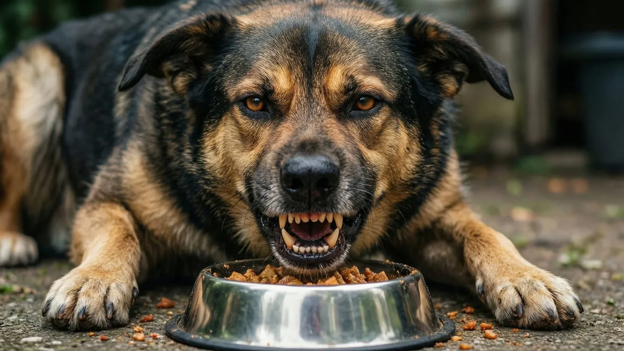 Cachorro rosnando e protegendo o pote de ração de quem se aproxima