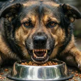 Cachorro rosnando e protegendo o pote de ração de quem se aproxima