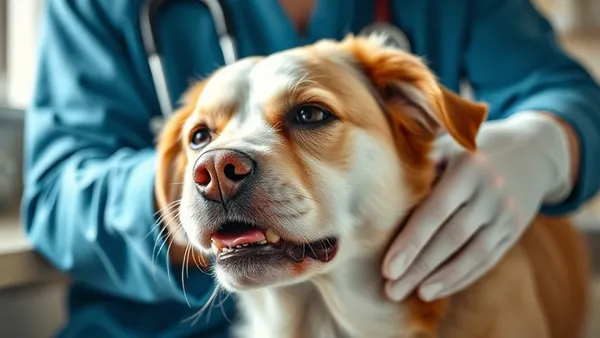 Cachorro de porte médio tossindo com expressão de desconforto, visto de perfil