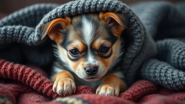 Cachorro de pequeno porte enrolado em cobertor, com expressão de quem está tremendo de frio