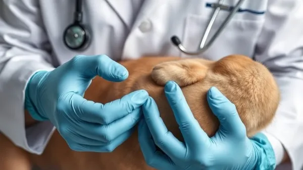 Veterinária apalpando caroço sob a pele de cachorro durante exame clínico de rotina