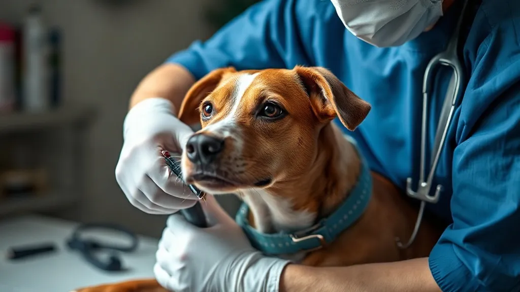 Veterinária examinando cachorro jovem em mesa de consulta antes de procedimento cirúrgico