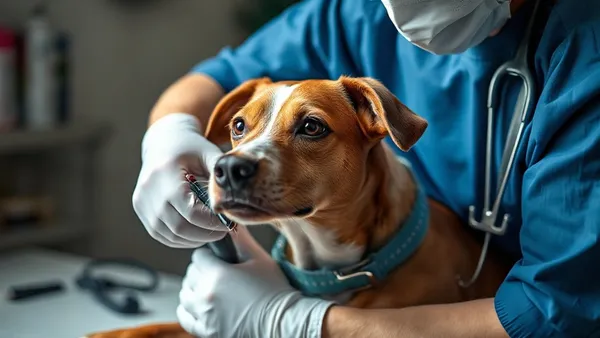 Veterinária examinando cachorro jovem em mesa de consulta antes de procedimento cirúrgico