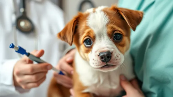 Cão adulto sendo examinado em consultório veterinário, recebendo aplicação de vacina