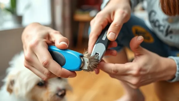 Tutor segurando a pata de um cachorro de porte medio para cortar a unha com alicate proprio para pets