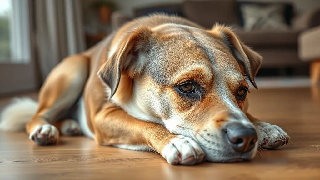 Cachorro idoso deitado no chão da sala, com expressão cansada e olhar distante